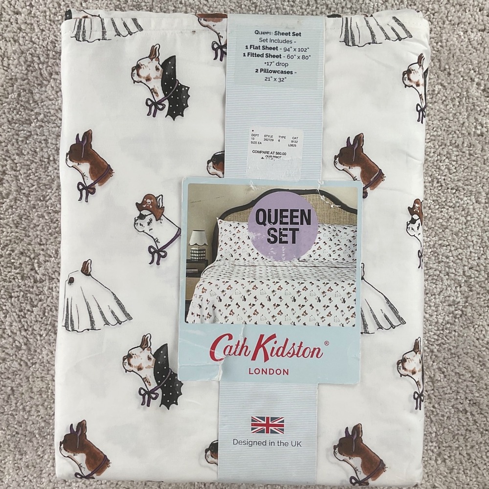 Cath Kidston Spooky Dogs Queen Sheet Set Halloween Frenchie Cotton 4pc New